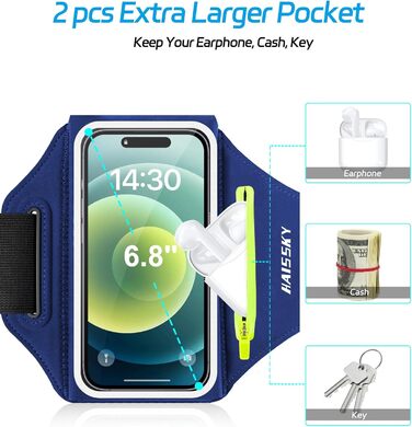 Спортивна сумка для телефону на руку Razobws з відділенням для навушників, підходить для iPhone 17 16 15 14 13 12 11 Pro Max, Galaxy S24 S23 Ultra, чорний/морський блакитний (до 6.8 дюймів)