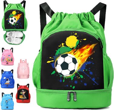 Дитяча спортивна сумка Youyike, водонепроникний рюкзак з відділенням для взуття, спортивна сумка з шнурком, для дівчаток та хлопчиків, футбольний зелений