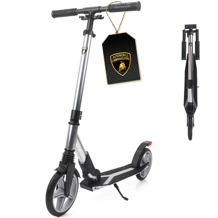 Скутер Lamborghini Tretroller Cityroller з великим колесом, складний, регульована висота, для дорослих та дітей, з підставкою, передньою амортизацією та гальмом на задньому колесі, до 100 кг (Сірий)
