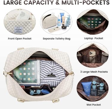 Спортивна сумка LOVEVOOK для жінок: велика дорожня сумка-мішок з косметичкою, відділенням для взуття та мокрих речей. Ідеальна для подорожей, клініки, пологів, вихідних. Водостійка сумка ручної поклажі для літака. 2 шт. Бежевий колір.