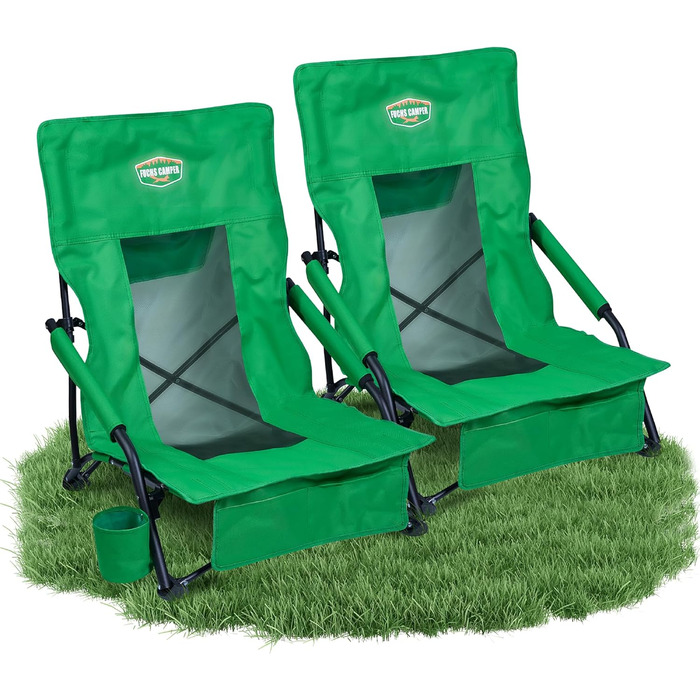 Крісло для кемпінгу Fuchs Camper Strandstuhl – складане, з високою спинкою та сітчастою тканиною. Зберігання напоїв та кишені. Міцне (до 150 кг), чорне/зелене (2 шт.)