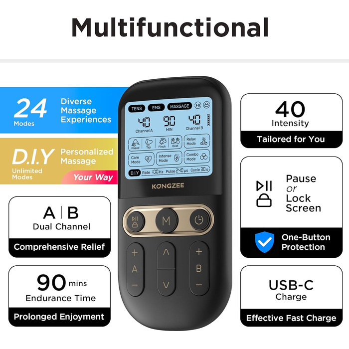 Пристрій 4-в-1 для домашнього майстерності EMS: масаж, стимуляція м'язів та нервів. Двоканальний TENS-терапевтичний пристрій для зняття болю, схвалений FDA, з 12 електродних подушечок. Чорний