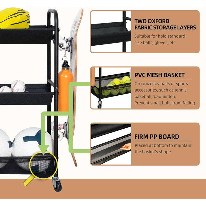 Стійка для зберігання баскетбольних м'ячів STORAGE MANIAC з 3 полицями, тренувальний стенд, органайзер для спортивних м'ячів, для гаража або фітнес-студії