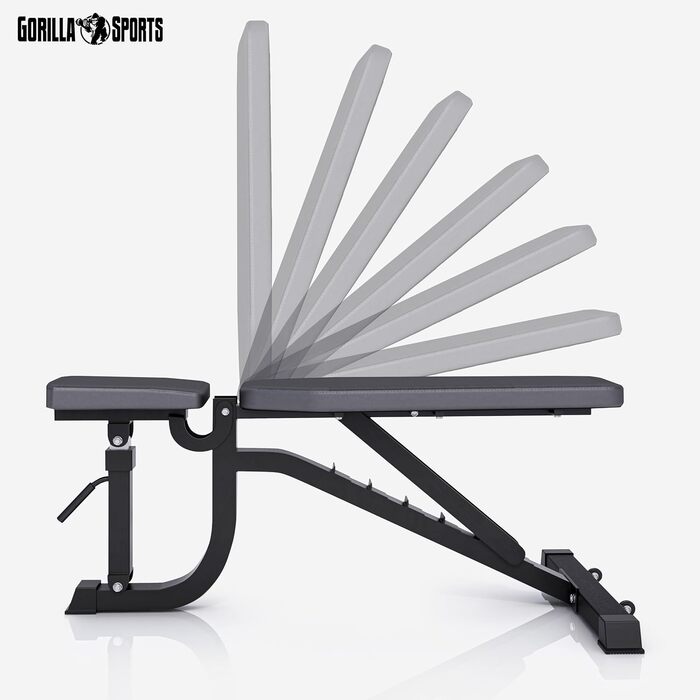 GORILLA SPORTS® універсальна лавка для жиму, сталева, чорна, 7-рівнева спинка, 5-рівневе сидіння, 140x72,5x54-138 см, багатофункціональна фітнес лава для тренувань, шраґ, плоска, негативна