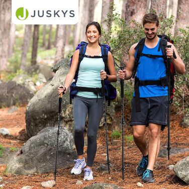 Скандинавські палиці для ходьби Juskys, 2 телескопічні алюмінієві трекінгові палиці, легкі та регульовані, для жінок і чоловіків, з гумовими амортизаторами, чохлом і корковою ручкою, чорні