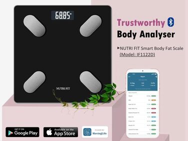 Вага NUTRI FIT для вимірювання жиру в тілі, розумна персональна вага з цифровим дисплеєм, вимірювання BMI, жиру, м'язів, води, склад тіла, LCD-дисплей, 150 кг, 26x26 см, чорний