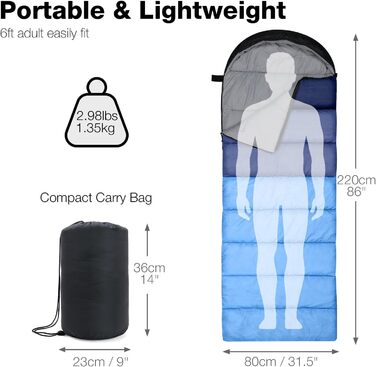 Спальний мішок Outplea для кемпінгу, 3-4 сезони, водонепроникний, 220x80 см, для дорослих та дітей, блакитний