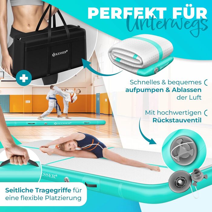 Надувна гімнастична мата KESSER® Airtrack: 2м/3м/4м/5м/6м. Мата для фітнесу, йоги, акробатики. В комплекті сумка та електронасос. Розмір: 300 x 100 x 10 см. Колір: м'ятно-зелений
