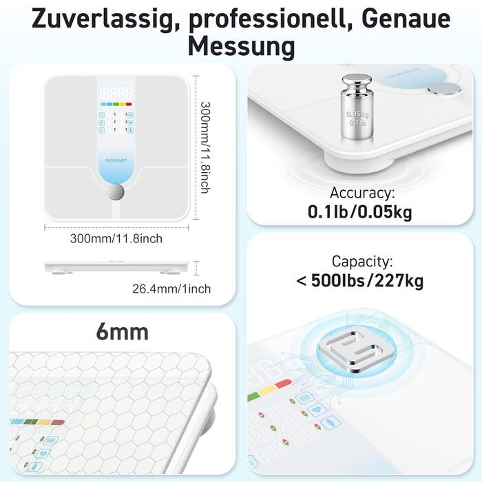 Інсмарт Розумна вага з великим дисплеєм, 227 кг/500 фунтів, аналіз складу тіла, Bluetooth, APP, 18 показників (BMI, вага, жир, м'язи, пульс), біло-помаранчевий/блакитний колір