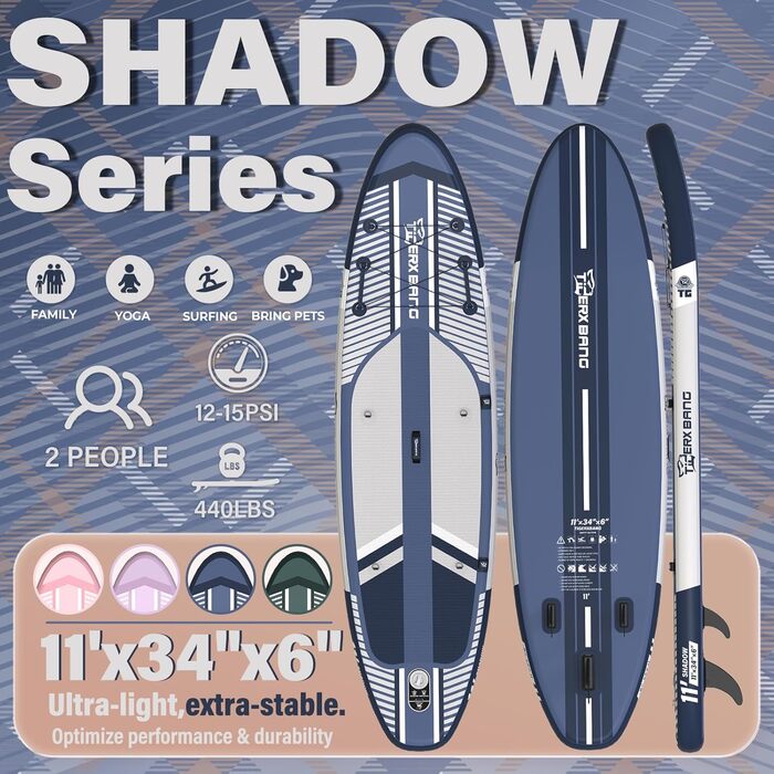 SUP дошка TIGERXBANG надувна, 335x86x15 см, блакитна Shadow – для дорослих з комплектом аксесуарів