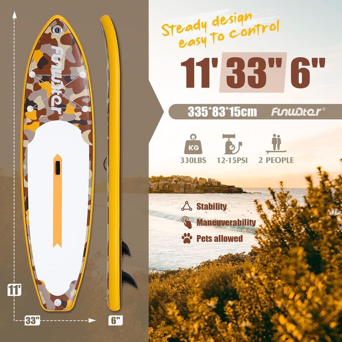 Надувний сапборд FunWater 11'10'6: Комплект для веслування, насос, сидіння, весло. Для дорослих, будь-якого рівня. Кольори: ADLER-SCHWARZ&GRAU, CAMO-GELB