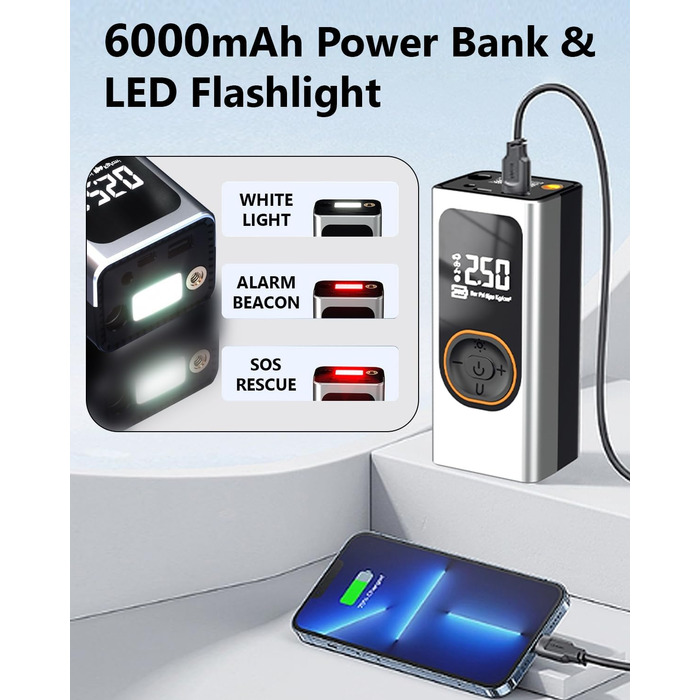 Портативний електричний компресор 6000mAh, 150 PSI, міні насос для шин з цифровим манометром, LED, USB Powerbank для авто, мото, велосипеда, м'ячів
