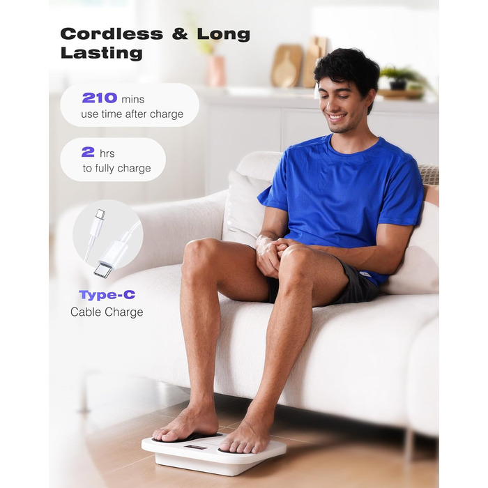 Масажер для ніг та тіла Medic EMS TENS - стимулятор кровообігу з 10 режимами та 20 рівнями інтенсивності. Зменшує біль при п'ятковому фасціїті, невропатії та болю. Білий колір.