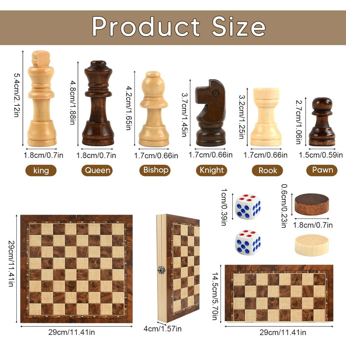 Шаховий набір дерев'яний 3 в 1 з шахами, шашками та настільною грою, преміум-якість, складаний, для дітей та дорослих, для гри вдома та в подорожах (29см)