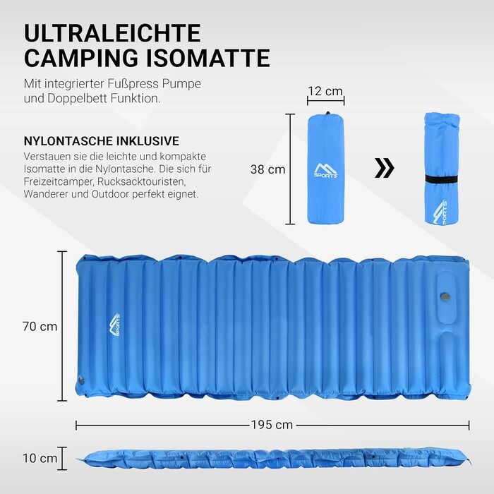 MSPORTS Кемпінговий килимок Premium, Ultraleichte Isomatte для відпочинку на природі з насосом для ніг, вологостійкий, для піших прогулянок, кемпінгу, пляжу (Королівський синій)