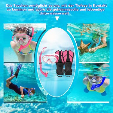 Набір для снорклінгу для дітей з ластами, маска з панорамою 180° проти запотівання, регульовані ласти, високоякісна маска для дайвінгу та сухий снорк (рожевий)