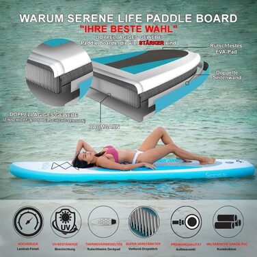 Надувна SUP-дошка SereneLife з аксесуарами для дітей і дорослих, антиковзка поверхня, насос, весло, рюкзак для перенесення, комплект для серфінгу