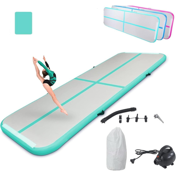 Гімнастичний повітряний мат Air Track для tumbling та йоги з електричним насосом, водонепроникний килимок для тренувань вдома та на вулиці (Зелений, 500x100x10 см)
