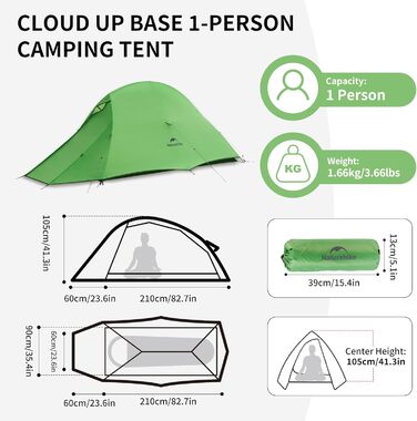 Намет Naturehike Cloud Up Pro 1-місний, легкий, водонепроникний, для кемпінгу та трекінгу (зелений, 210T)