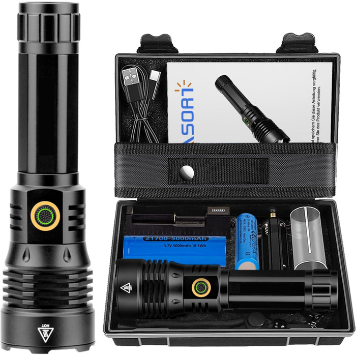 Тактичний ліхтарик ASORT 500000 люмен: USB-зарядний, Zoom, 6 режимів, водонепроникний IP67, з чохлом для кемпінгу та туризму