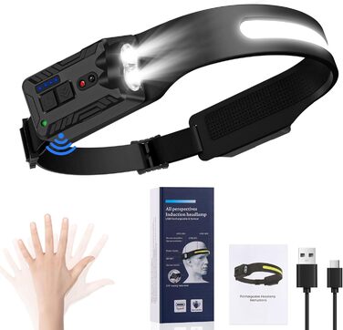 Oderra Фронтальний ліхтар LED, перезаряджається, надлегкий, з датчиком руху, 8 режимів освітлення, індикатор батареї, водонепроникний IPX4, для кемпінгу та надзвичайних ситуацій