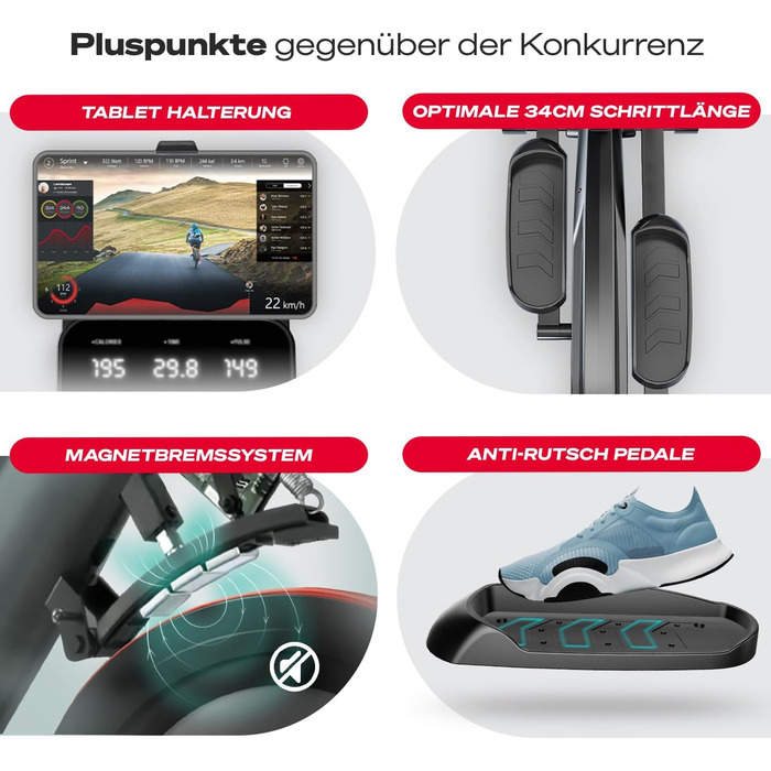 Еліптичний тренажер Sportstech CX700 для дому: 24 кг маховик, 24 рівні опору, LED дисплей, Bluetooth, пульсомір | Чорний