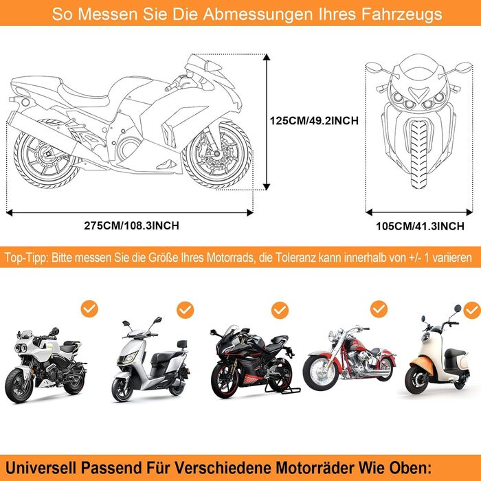 Захисний чохол для мотоцикла Motorrad, зимовий, водонепроникний, 210D, 275x105x125 см