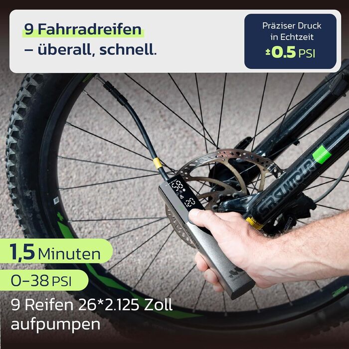 Електрична велосипедна помпа Woowind Ventus Ride: 150 PSI, 10.3 Bar, універсальні клапани (Presta, Schrader, Dunlop)