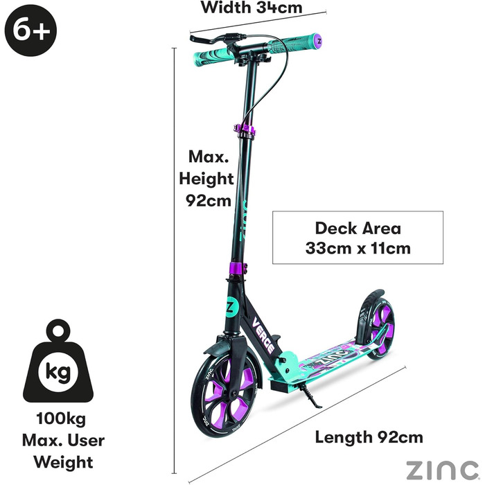 Самокат міський Zinc Verge Pro Commuter – регульована висота, чорно-зелений