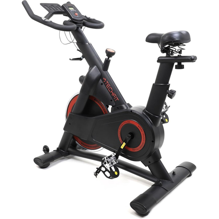 Велотренажер TechFit Professional Indoor Cycle з маховиком 20 кг, магнітним опором (99 рівнів), Bluetooth, дисплеєм, кріпленням для планшета, алюмінієвими педалями та регульованим кермом. Максимальна вага користувача: 200 кг. Розміри: 117x107x53 см