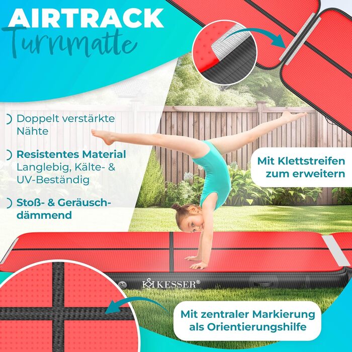 Надувний килимок KESSER® Airtrack 2м/3м/4м/5м/6м для фітнесу, гімнастики та йоги | з сумкою та електропомпою | тренувальний килимок, м'ятно-зелений