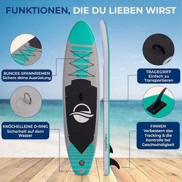 Надувний SUP СерeneLife для дорослих та дітей: комплект з веслом, насосом та сумкою. Touring SUP для плавання по морю, річці та озеру. Максимальне навантаження 155 кг, колір аквамарин.