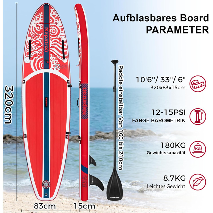 Надувне SUP-борд Napatron Red Dragon Blaze: комплект з веслом, захистом від сонця та аксесуарами, для підлітків та дорослих