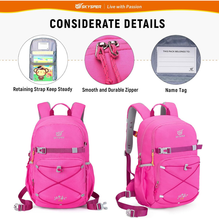 Дитячий рюкзак SKYSPER 15L для піших прогулянок, зручний рюкзак для хлопчиків та дівчаток, рожевий, Outdoor