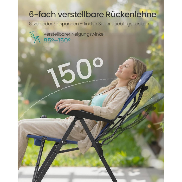 Складний туристичний стілець SONGMICS для дорослих, регульована спинка, обертовий підсклянник, для відпочинку на природі, риболовлі, саду, блакитний