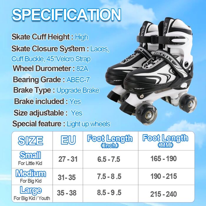 Ролики дитячі регульовані Duzskj для хлопчиків та дівчаток, 4 розміри, чорно-білі