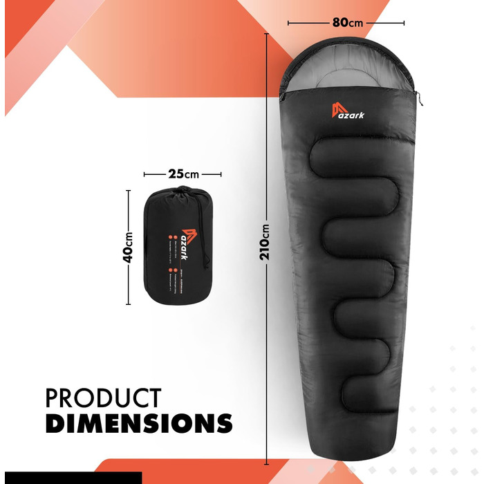 Сплячий мішок Azark Premium, 350 г/м², легкий та водонепроникний, для 4 сезонів, кемпінг, туризм, відпочинок на природі, дорослий та дитячий, чорний