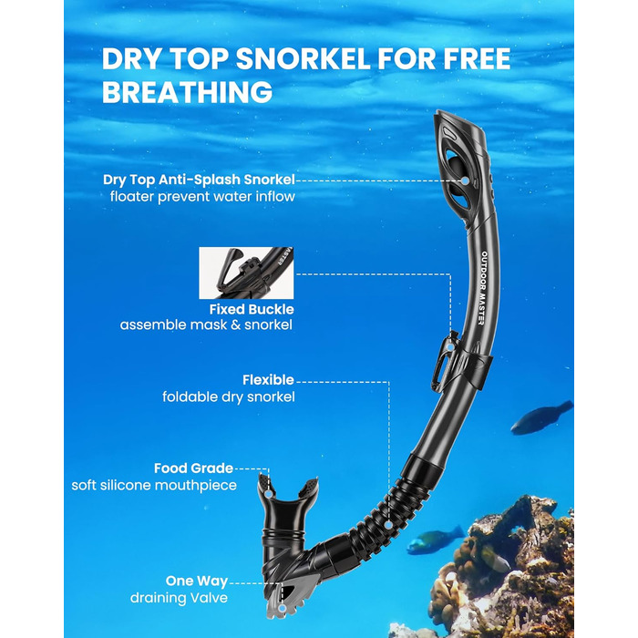 Набір для снорклінгу OutdoorMaster Mobula для дорослих: маска, трубка, ласти. Сірий/Чорний, S/M. Панорамний огляд, антизапарник, суха трубка