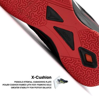 Професійне бадмінтонне взуття HUNDRED Xoom для чоловіків, чорно-червоне, 40 EU. Підходить для бадмінтону, тенісу, сквошу, настільного тенісу, баскетболу та падел-тенісу. Верх: поліестер, підошва: гума.