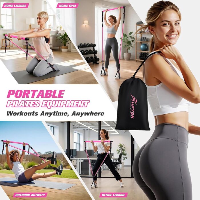 Набір для пілатесу HPYGN з 4 еластичними стрічками, регульоване обладнання для пілатесу для жінок та чоловіків, багатофункціональний набір для фітнесу, стрічки для стегон, ніг, рук, домашній спортзал, йога, силові тренування, розтяжка, рожевий