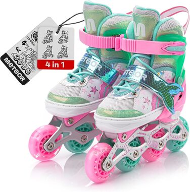 Дитячі ролики Meteor Vertellbare 4-в-1 – ролер, інлайн, ролерблейди для дітей, ABEC-7, PU-колеса, алюмінієвий фрейм, розміри X25-28, 30-33, M34-37 (S, Рожевий Русалка)