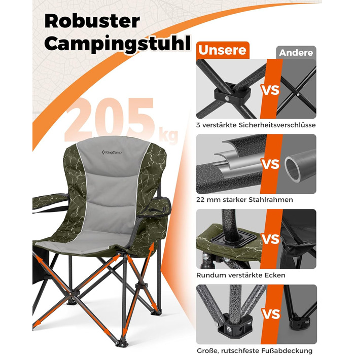 Крісло для кемпінгу KingCamp XXL, розкладне, до 205 кг, чорне. З регульованою спинкою, підсклянником та кишенею для напоїв. Ідеальне для риболовлі та відпочинку на природі.