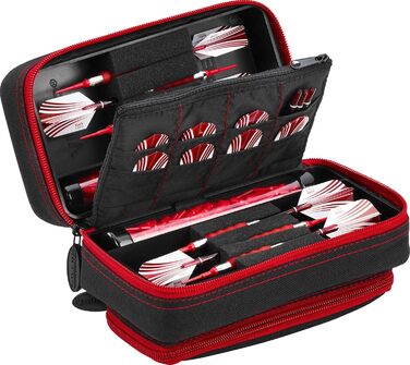 Casemaster Plazma Pro чохол для 6 дротиків (м'які та сталеві наконечники), з великою передньою кишенею для телефону, вбудованими тубусами та кишенями для оперень і наконечників, рубіново-червона окантовка