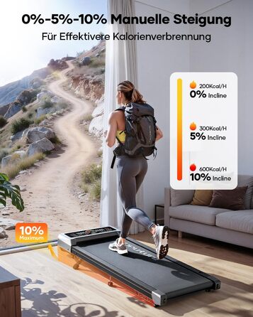 Бігова доріжка для дому Laufband з кутом нахилу 10%, 1-10 км/год, під стіл, 3.0 к.с., тихий мотор, електрична, LED-дисплей, пульт ДУ, додаток, срібляста