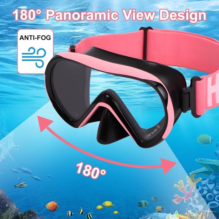 Дитячі маски для снорклінгу Kinder з трубкою, 180° панорама, HD, проти запотівання, для дітей 4-16 років (Рожева)