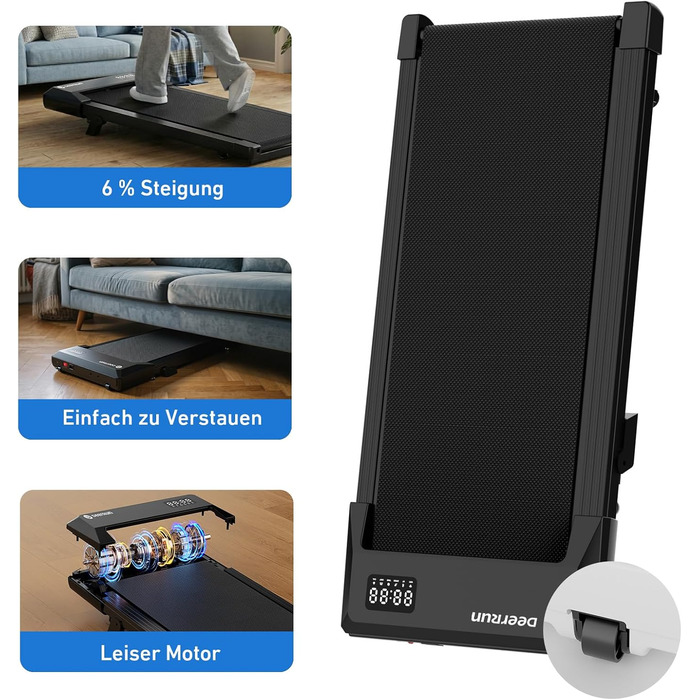 Бігова доріжка DeerRun Walking Pad під стіл з ухилом 6%, для дому та офісу, компактна, з додатком, пультом та LED-дисплеєм, до 136 кг, чорна