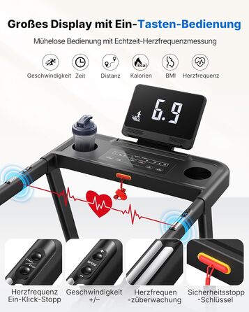 Бігова доріжка Merach для дому, 0.8-8.5 км/год, 3.0 к.с., з поручнями, LED-дисплеєм, для літніх людей, 42x108 см, макс. вага 136 кг, чорна