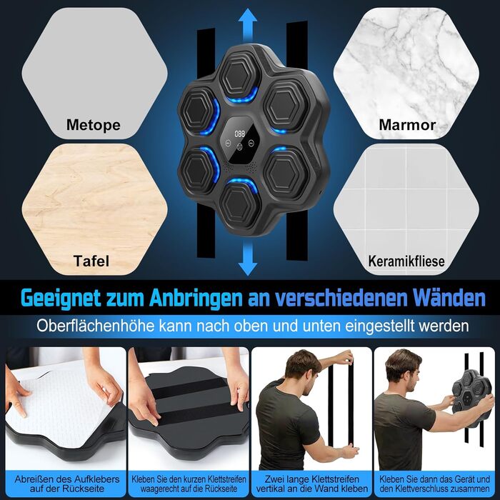 Музична боксівська машина Beatpunch LED з боксерськими рукавичками. Smart боксівська машина для дому, чорна. Підходить для дорослих та дітей.