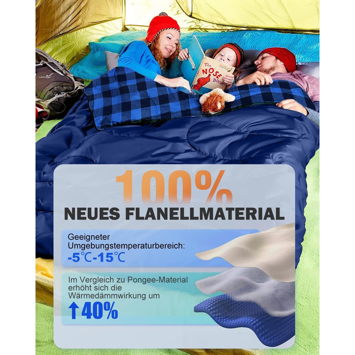 Спальний мішок для двох осіб з флянелі, 220 x 160 см, з двома блискавками, 2 подушки та сумка для перенесення, для дорослих, блакитний