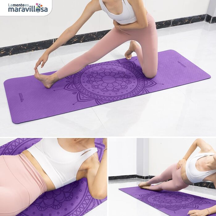 Килимок для гімнастики та йоги з неслизьким покриттям, з сумкою та E-book, 183x61 см, Мандала, фіолетовий + чорний